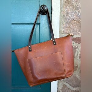 Portland Leather Brown Leather Tote Bag zip top